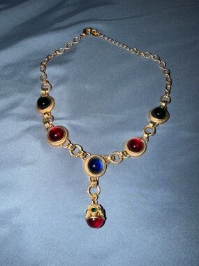 Gold-Tone Multistone Cabochon Necklace with Red, Blue & Green Accents